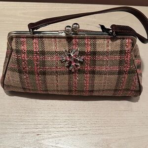 Plaid Clutch with Brooch Accent